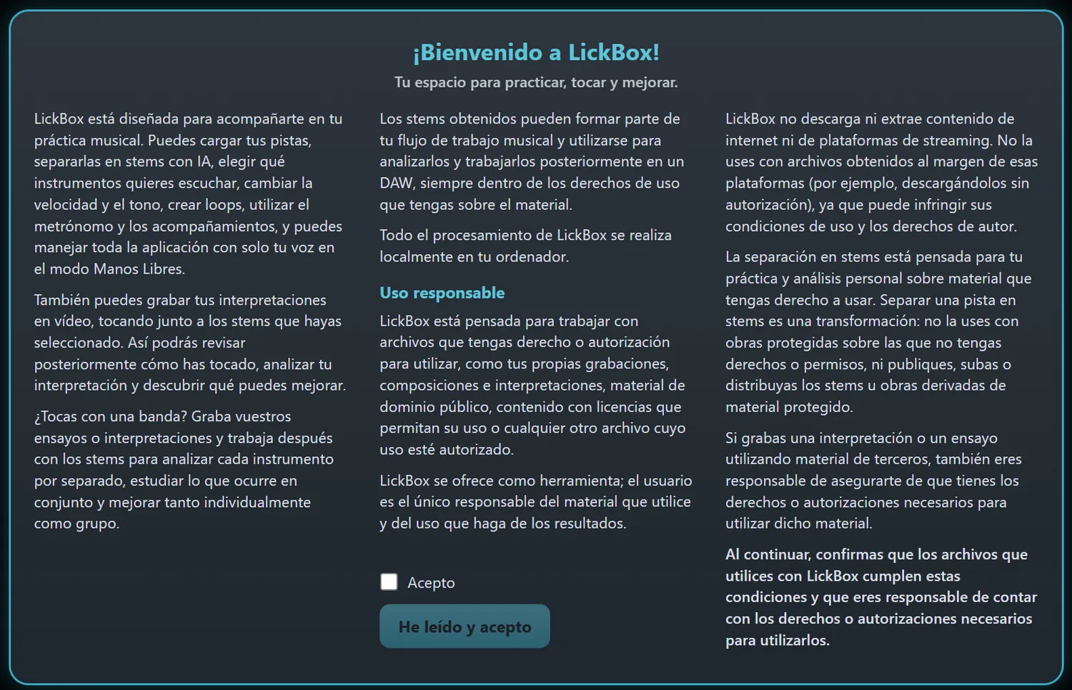 Aviso de bienvenida y uso responsable en el primer arranque de LickBox.