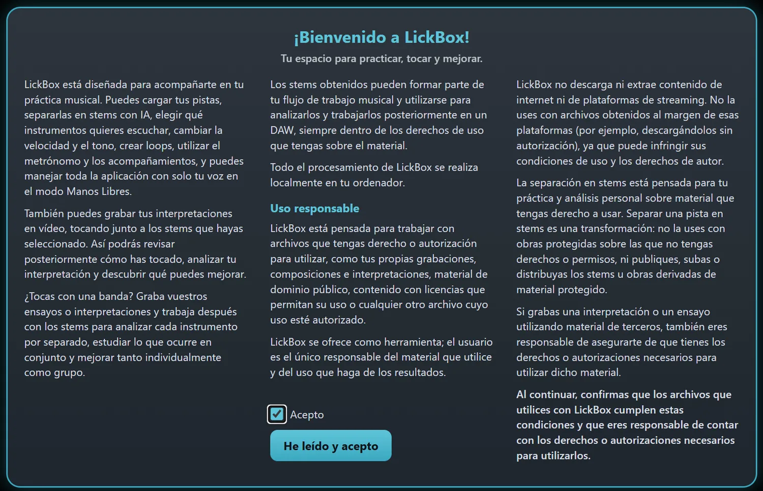 Aceptación del aviso de uso responsable en LickBox.