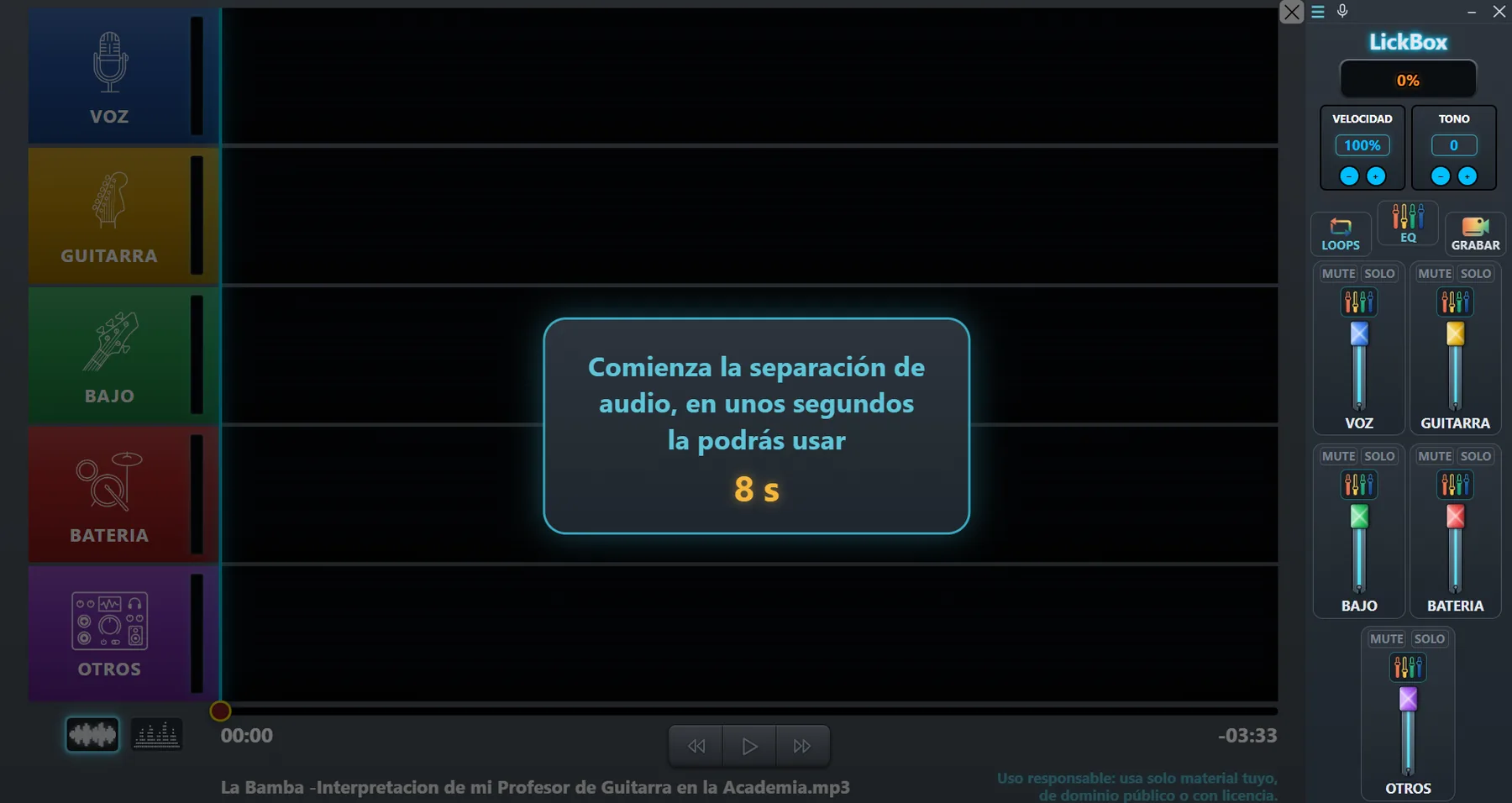 Inicio de la separación de audio en LickBox.