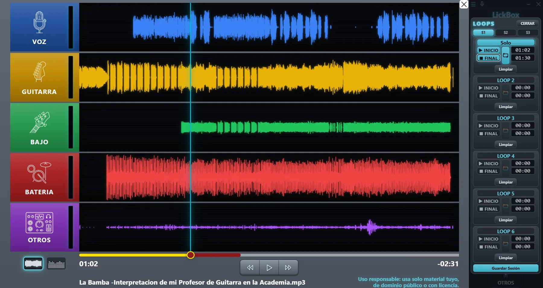 Panel de LOOPS de LickBox con la primera sesión de práctica.