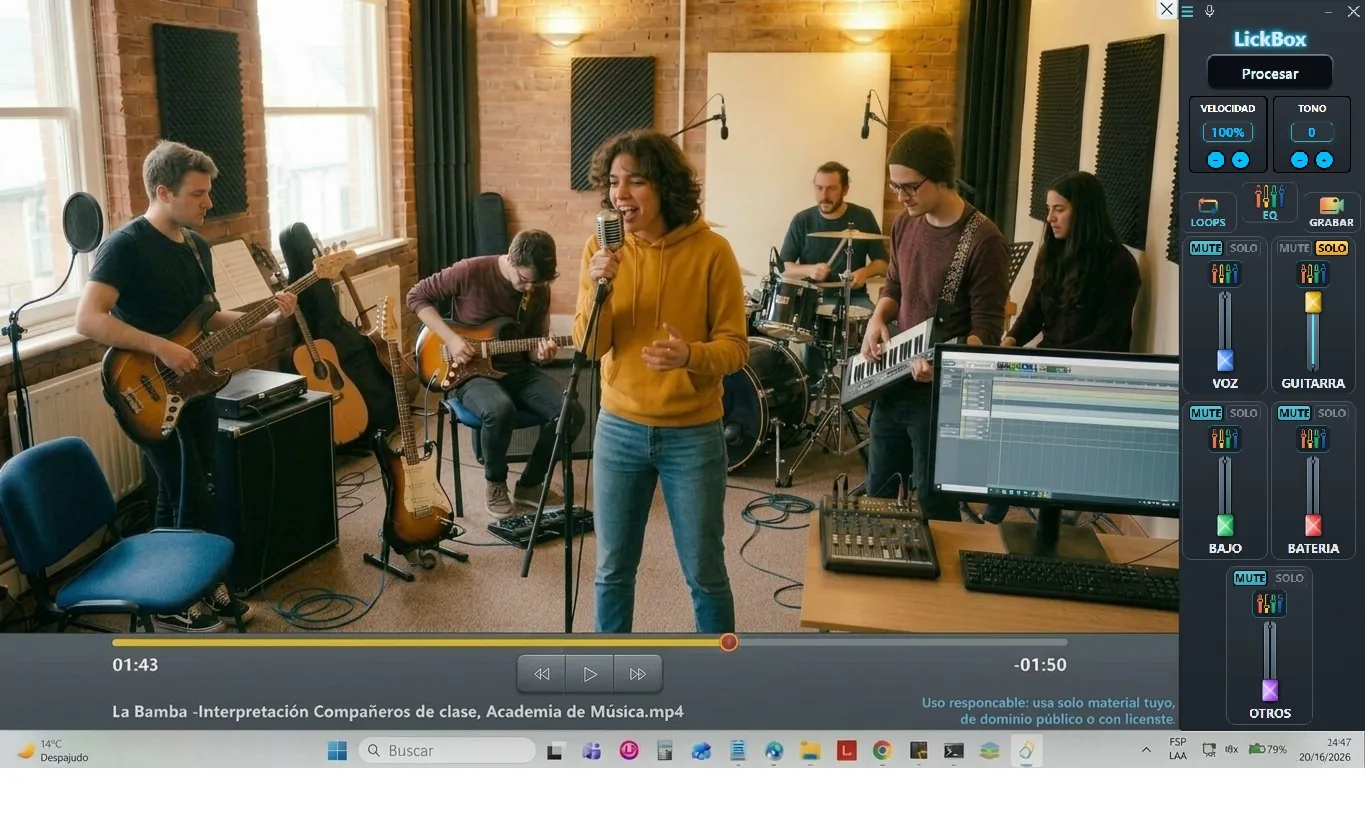 LickBox con SOLO activo en el stem de guitarra y el resto silenciado.