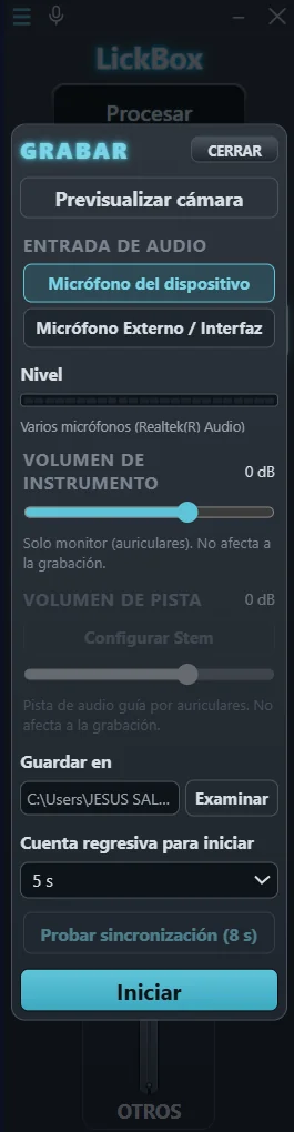 Panel de configuración de GRABAR con la entrada de audio, el nivel y la carpeta de destino.